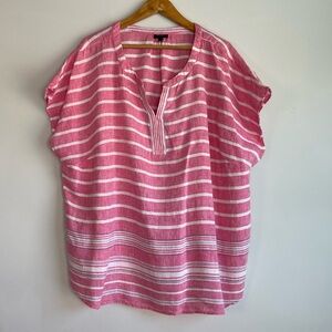 Talbots Linen Popover Short Sleeve Stripe Top‎ Size 3X Petite Split V-Neck Beach
